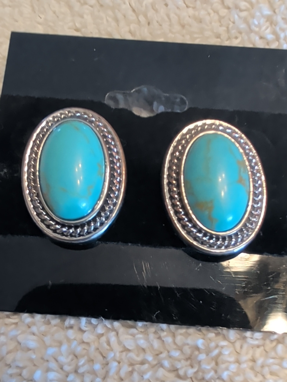 Chaps Turquoise Oval Silver-Trim Earrings
